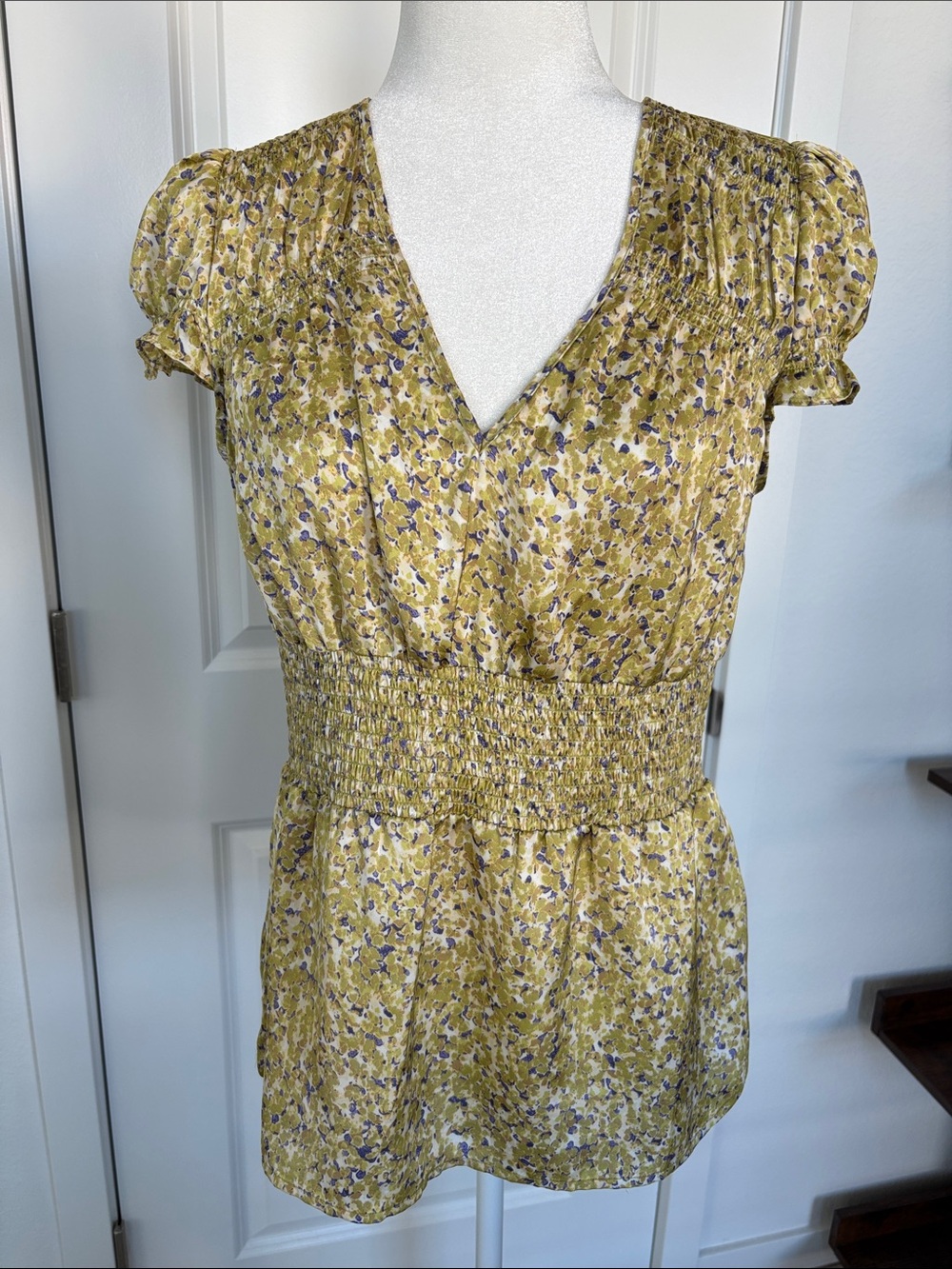 Banana Republic Yellow Floral V-Neck Smocked Waist Blouse